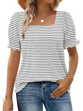 Women's 1 Black Stripe Square Neck Top Summer Casual Ruffle Trim Sleeve T Shirt